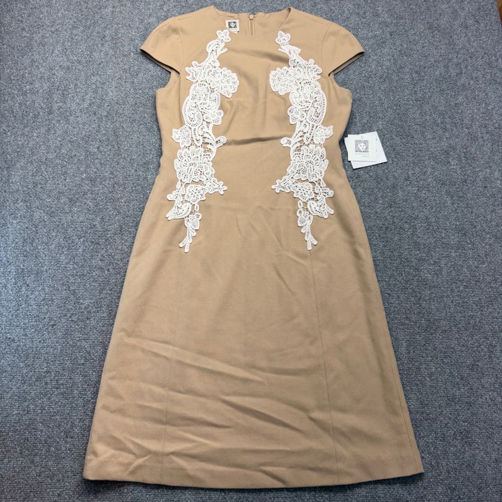 Anne Klein Women Tan White Lace Applique Cap Sleeve Sheath Dress 8 10544634-G06